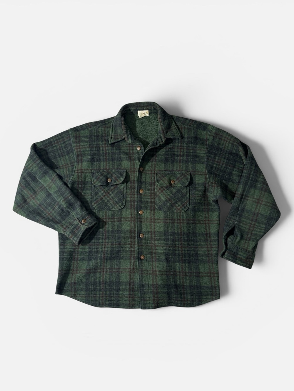 J. Crew mens L Large green plaid button up polyester fleece over-shirt